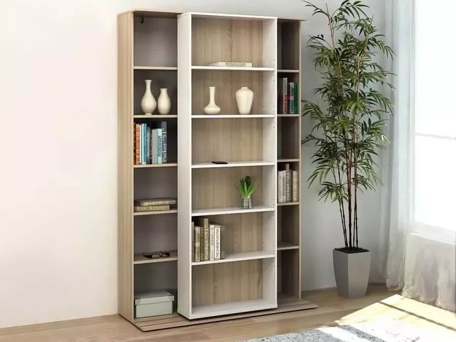 Vente-unique Uitschuifbare boekenkast PRALI 18 nissen Wit en eiken L 116.6 cm x H 185 cm x D 46 cm - Foto 4