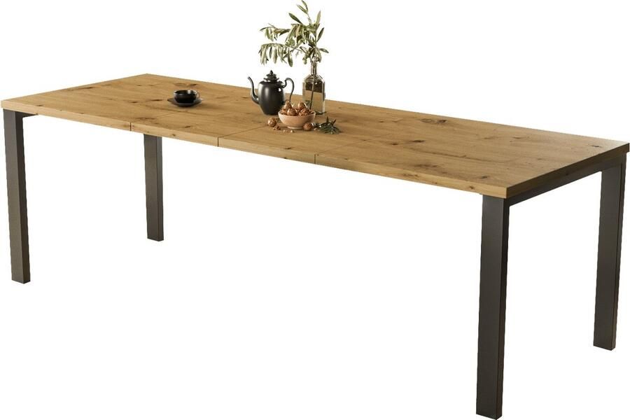 Uitschuifbare Eettafel Ambachtelijk Eiken Rechthoekig Design 12 Personen Robuust Houtfineer & Stabiel Frame Industrieel Zwart Onderstel