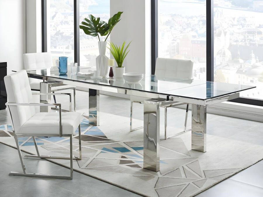 Vente-unique Uitschuifbare eettafel LUBANA Gehard glas en metaal 8 tot 10 personen L 270 cm x H 75 cm x D 100 cm