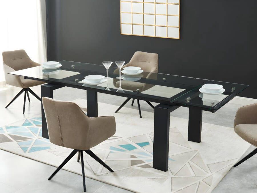 Vente-unique Uitschuifbare eettafel LUBANA Gehard glas en metaal Zwart 8 tot 10 personen L 270 cm x H 75 cm x D 100 cm