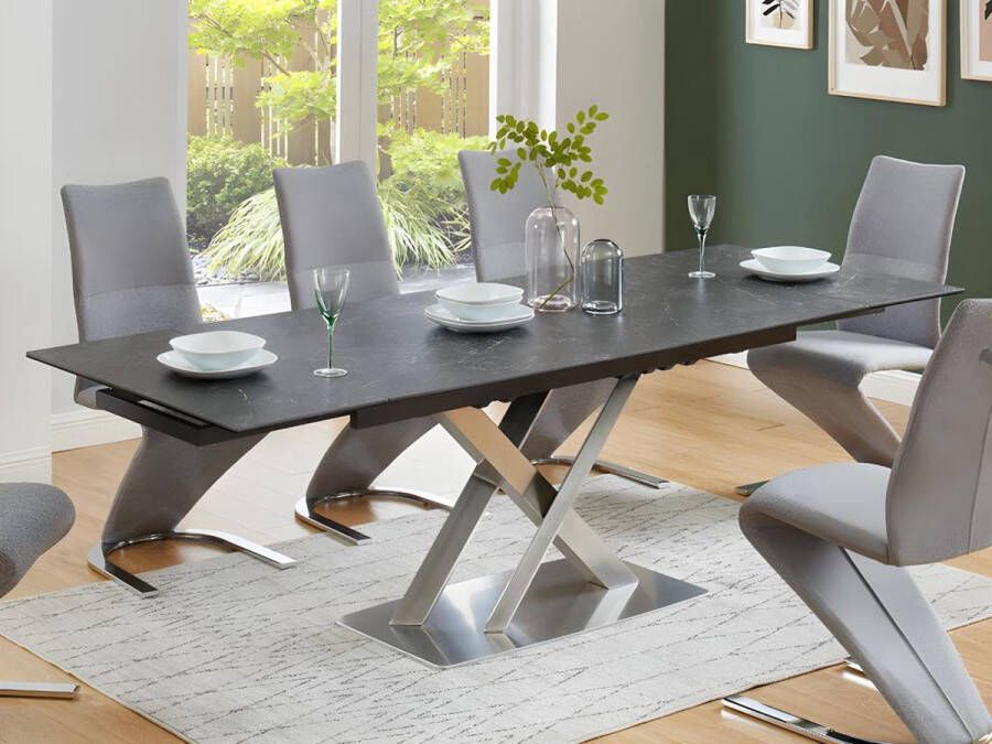 Vente-unique Uitschuifbare eettafel THYLIA 6 tot 8 personen Keramiek en metaal Zwart marmereffect L 240 cm x H 76 cm x D 90 cm