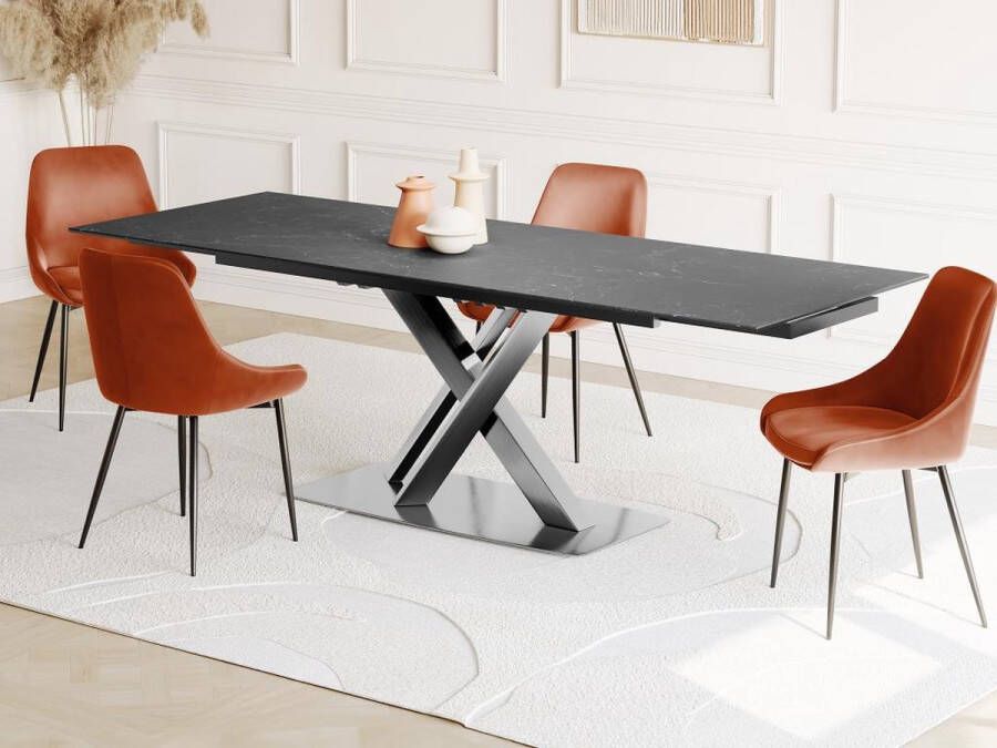 Vente-unique Uitschuifbare eettafel THYLIA 6 tot 8 personen Keramiek en metaal Zwart marmereffect L 240 cm x H 76 cm x D 90 cm - Foto 2