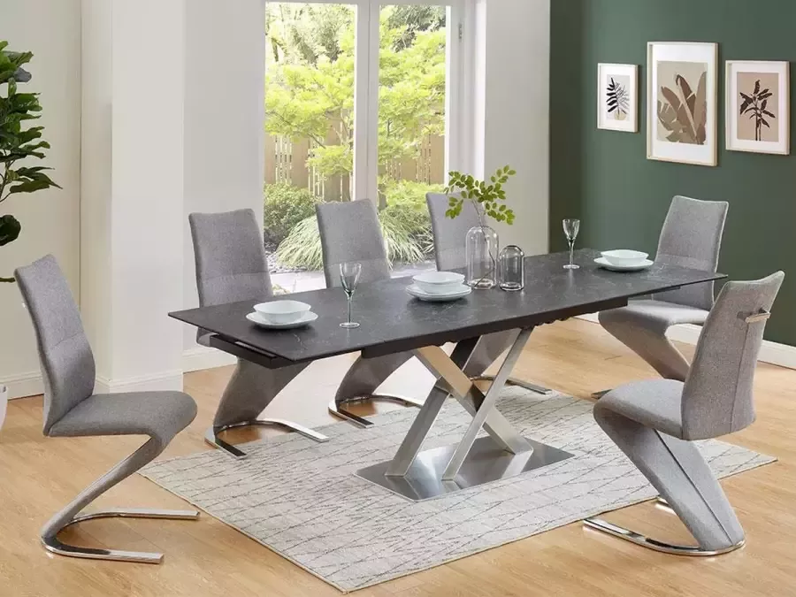 Vente-unique Uitschuifbare eettafel THYLIA 6 tot 8 personen Keramiek en metaal Zwart marmereffect L 240 cm x H 76 cm x D 90 cm - Foto 4