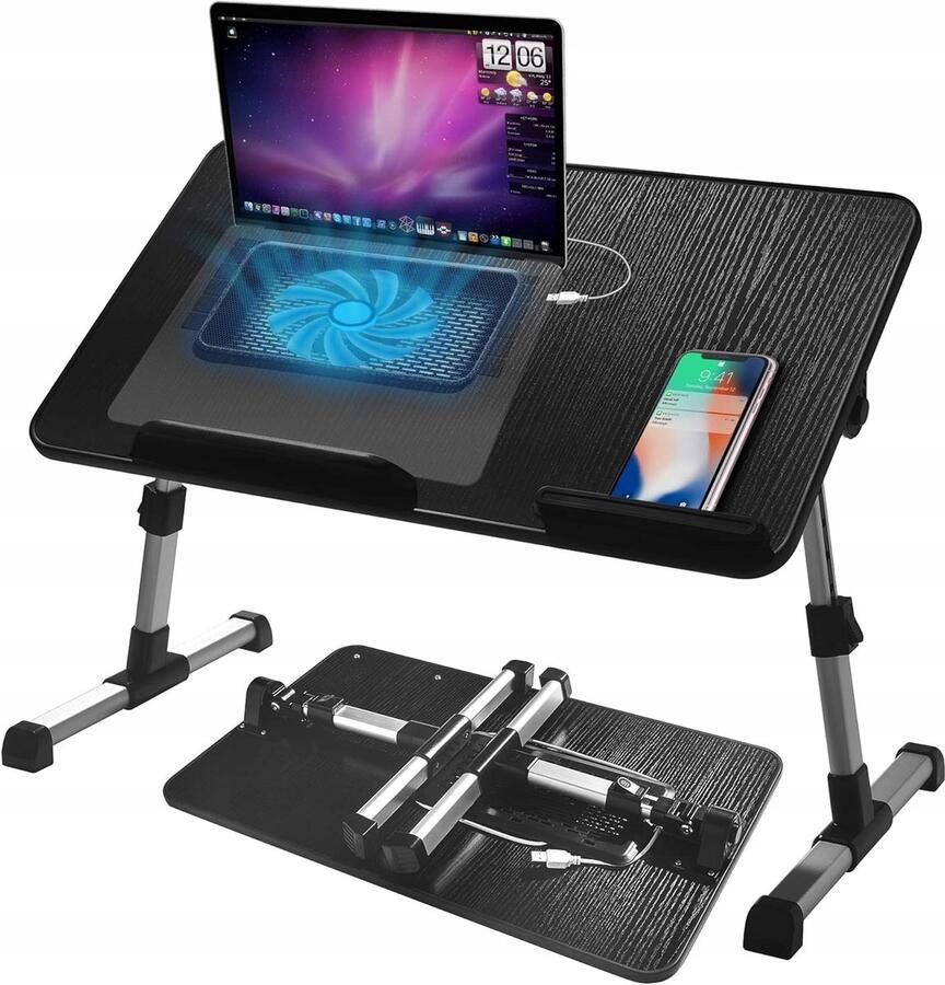 Uitschuifbare en opvouwbare laptoptafel Bedbureau Draagt 40 kg Met ingebouwde ventilator + lade 53*30 cm Geschikt voor bank bed en vloer