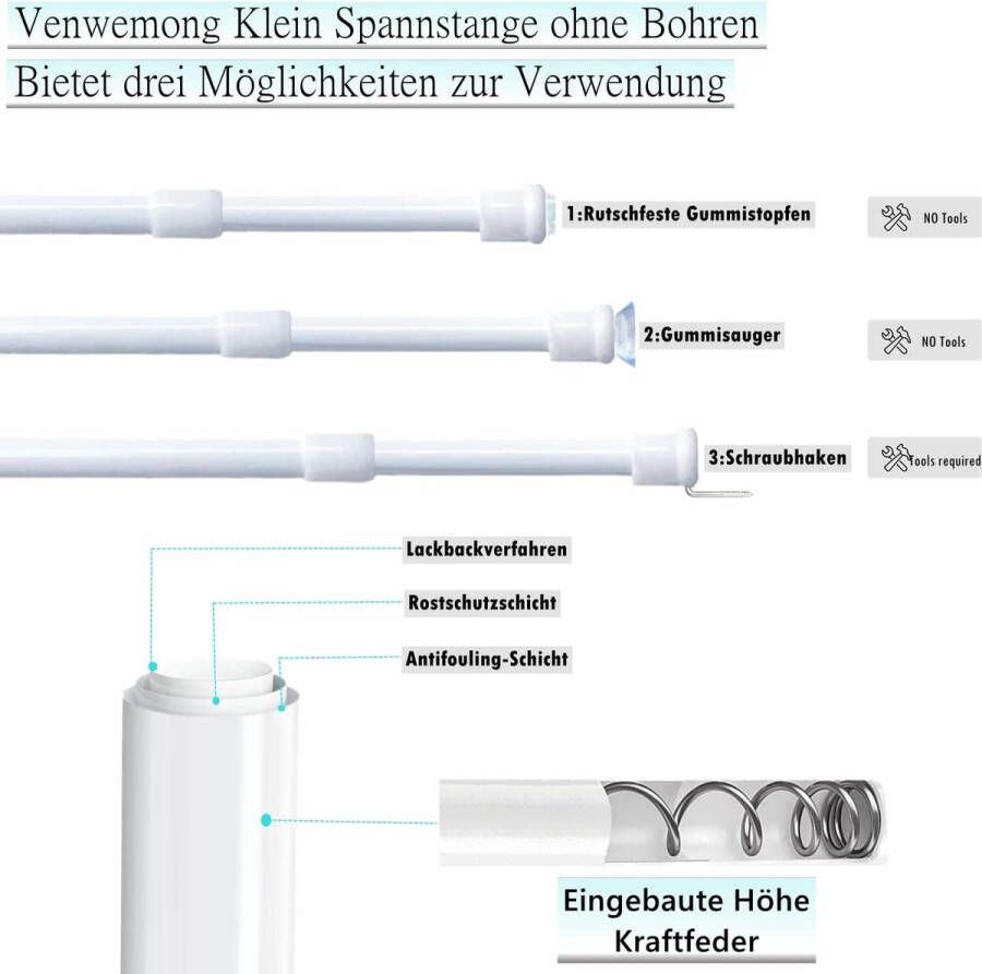 Uitschuifbare gordijnroedes met veerspanning voor keuken kast raam boekenplank en doe-het-zelf projecten 3 stuks lengte 40-60 cm wit