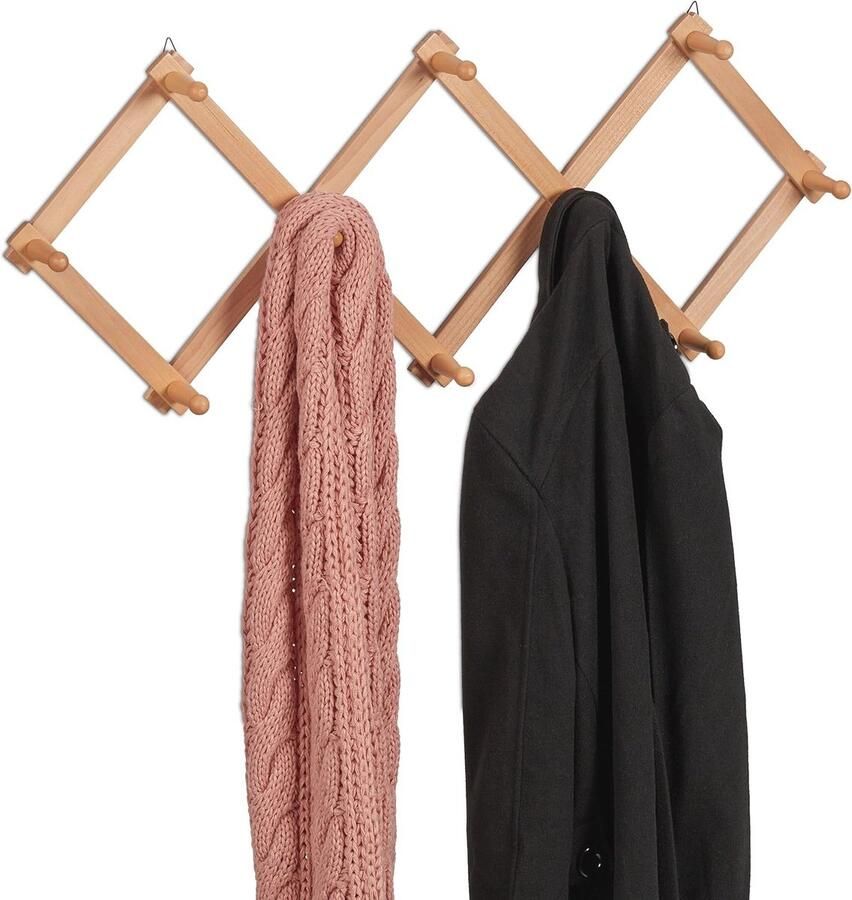 Uitschuifbare houten wandkapstok met 10 haken voor jassen en tassen