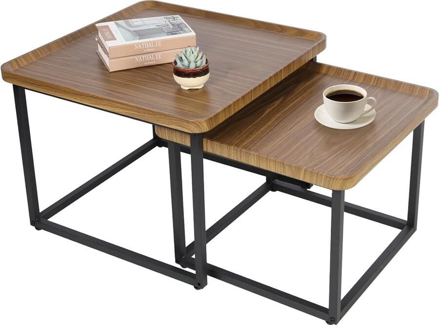 Goodivery Woonkamertafel hout set van 2 salontafel stabiel bruin zettafel voor de woonkamer klein 50 × 50 cm groot 60×60cm
