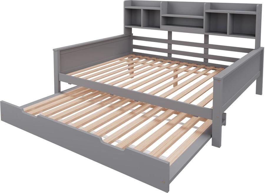 Pugsdrly Gotagee Uitschuifbare slaapbank 140x200CM massief hout uitschuifbaar bed 90x190CM met opbergvak en lattenbodem multifunctioneel bed van dennenhout grijs