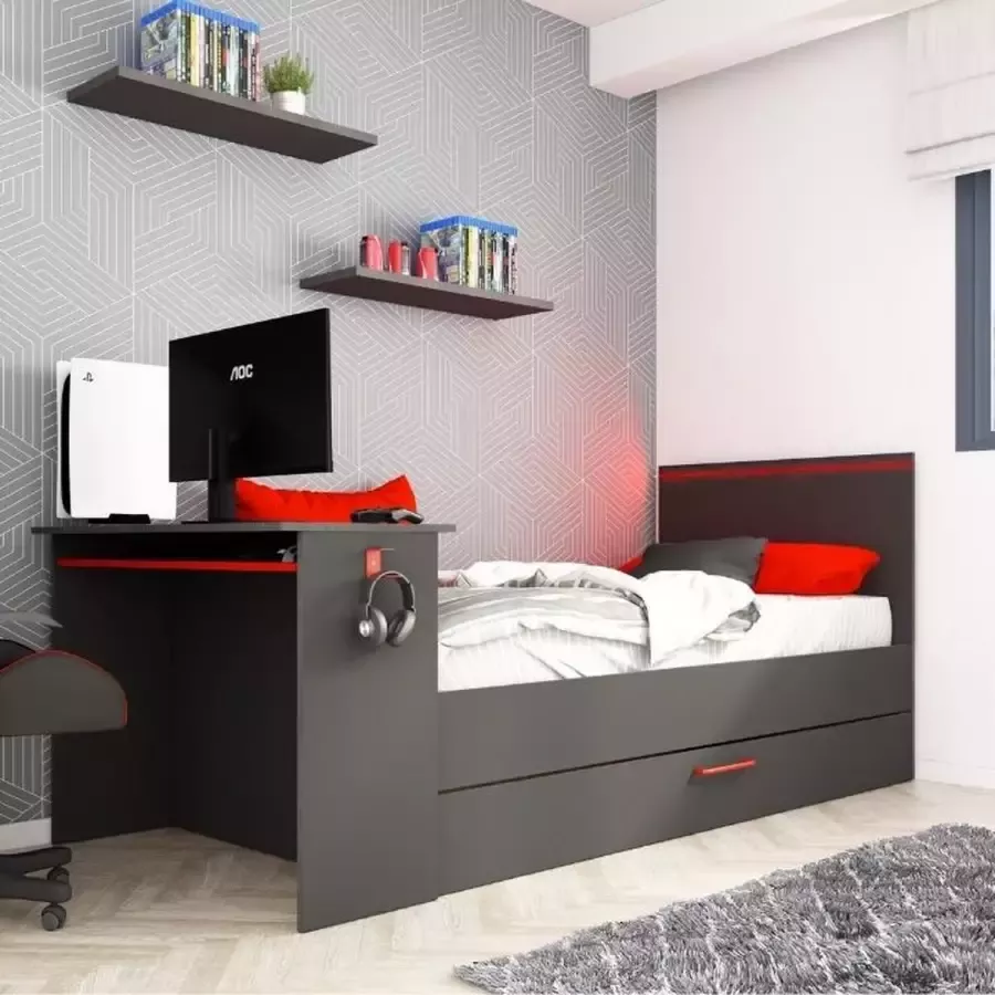 Trasman Vente-unique Uitschuifbed 2 x 90 x 200 cm Met bureau Ledverlichting Antraciet en rood VOUANI L 242.8 cm x H 100.5 cm x D 98.7 cm - Foto 5