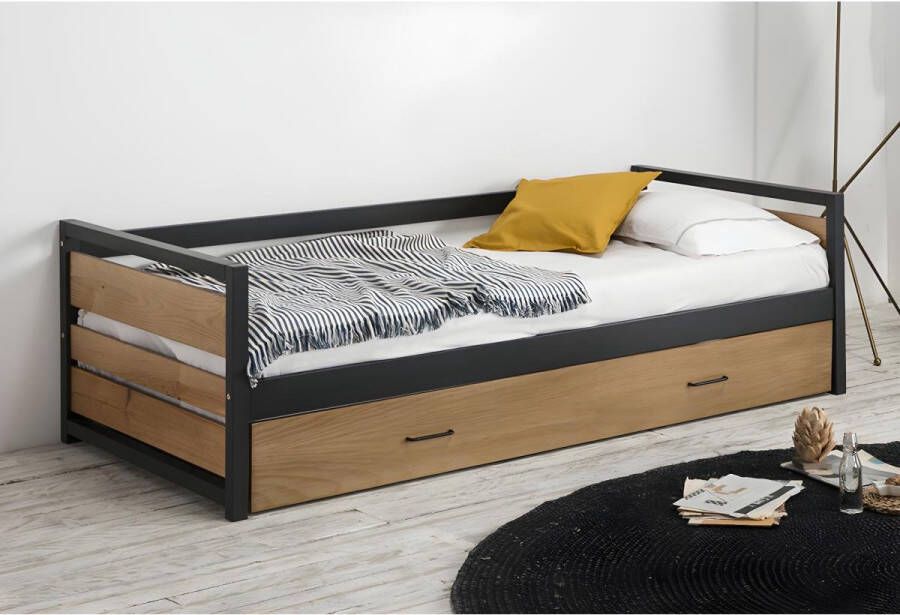 Vente-unique Uitschuifbed 90 x 190 cm van mdf grenen en metaal BOSTON L 200 cm x H 62 cm x D 98.5 cm - Foto 5