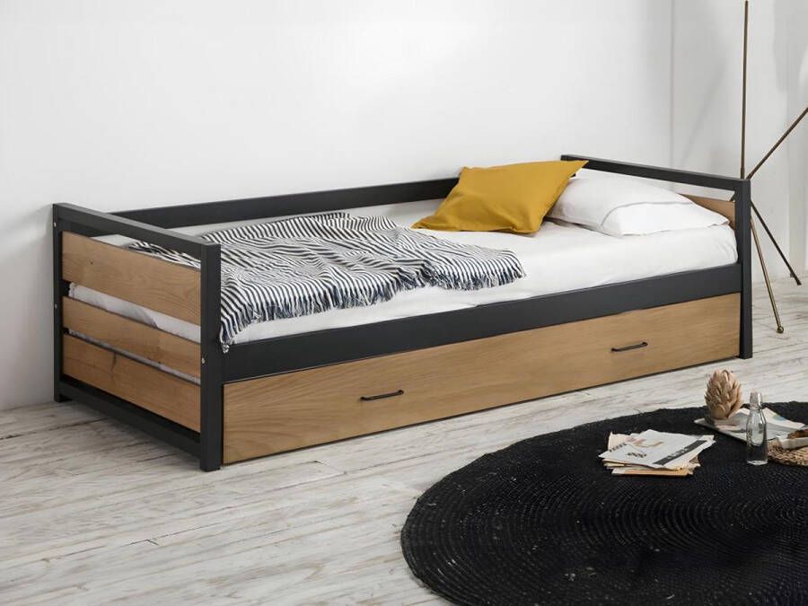 Vente-unique Uitschuifbed 90 x 190 cm van mdf grenen en metaal BOSTON L 200 cm x H 62 cm x D 98.5 cm
