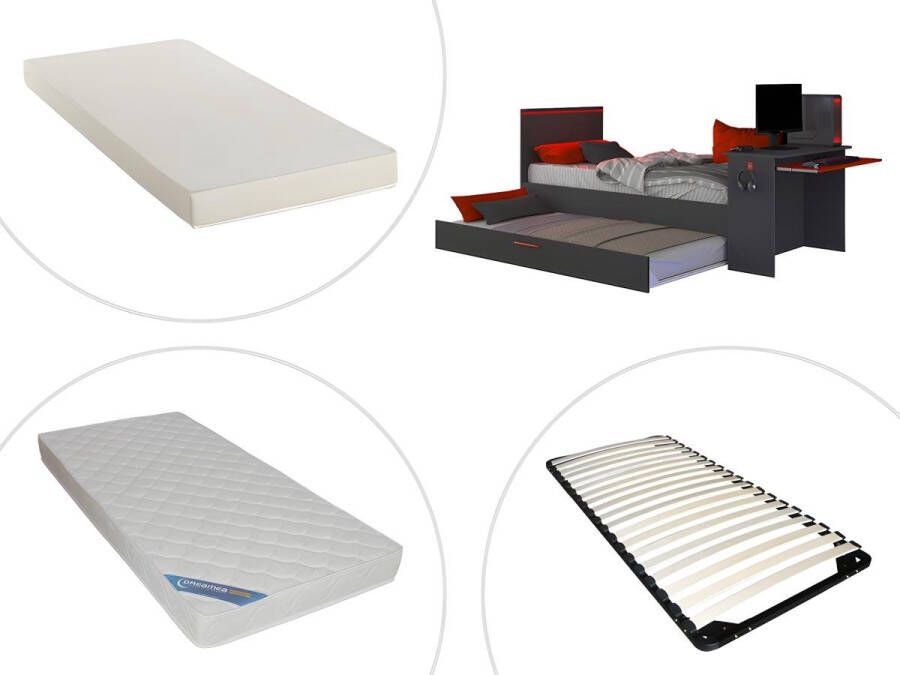 Trasman Vente-unique Uitschuifbed 90 x 200 en 90 x 190 cm Met bureau Ledverlichting Antraciet en rood + Matras + Bedbodem VOUANI L 242.8 cm x H 100.5 cm x D 98.7 cm - Foto 2