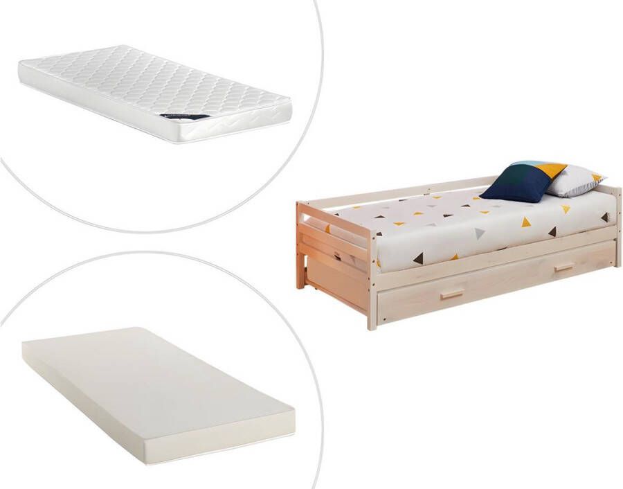 Vente-unique Uitschuifbed AEDAN II 2 x 90 x 190 cm Massief grenen & MDF Gebleekt + matras L 199.7 cm x H 56 cm x D 96 cm