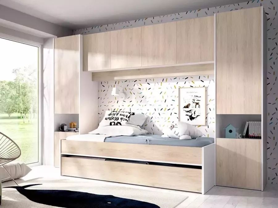 Vente-unique Uitschuifbed SELENA 90 x 190 cm eiken en wit L 303 cm x H 203 cm x D 97 cm - Foto 5