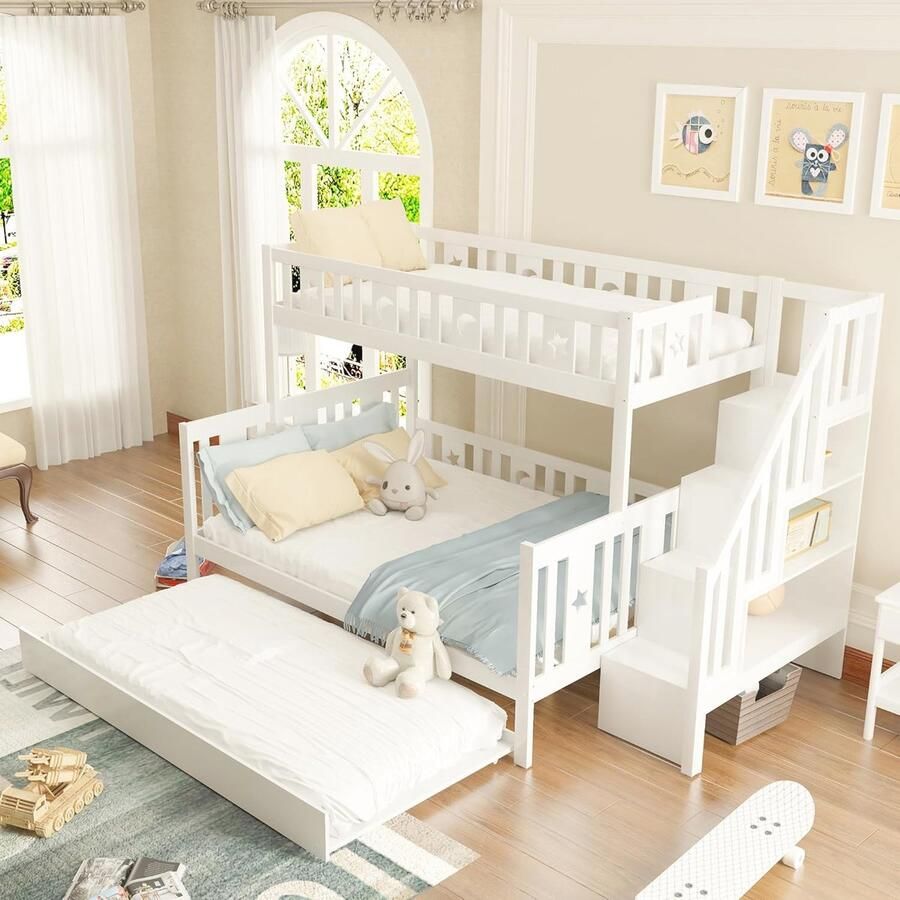 Uittrekbaar Kinderbed 90 x 200 140 x 200 cm Stapelbed voor 2 Kinderen Wit met Opbergruimte