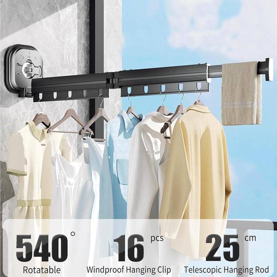 Uittrekbaar kledingrek 92 cm 360 graden opvouwbaar en 25 cm intrekbare kledingstandaard met 10 drooggaten Ideaal voor balkons erkers badkamers hotels woningen Opvouwbare kledingrek