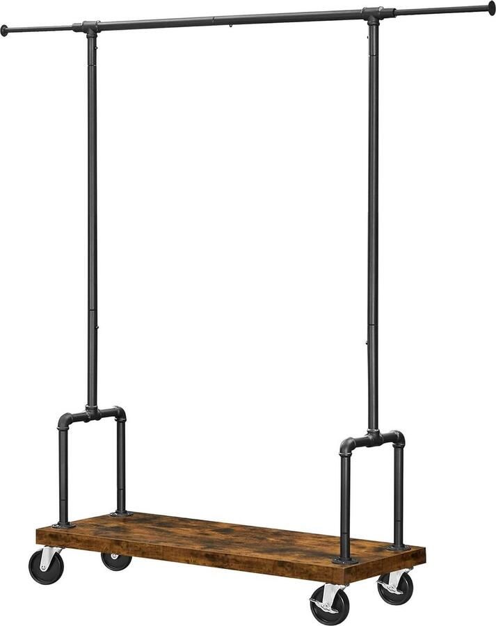 Uittrekbaar kledingrek op wielen met 2 stangen Slangstijl Industriële stijl Rustiek bruin en zwart RGR110B01 kledingrek