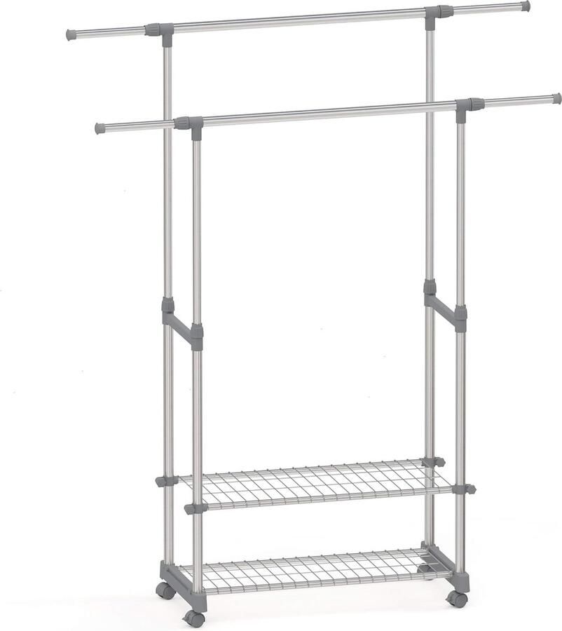 Uittrekbaar Kledingrek op Wielen Verstelbaar Dubbele Stang Stabiel en Ruimtebesparend