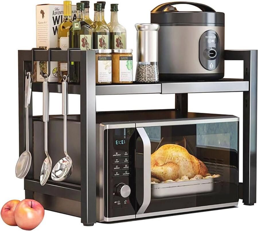 Uittrekbaar Magnetronrek met Haken voor Keuken Organizer en Ovenrek in Zwart