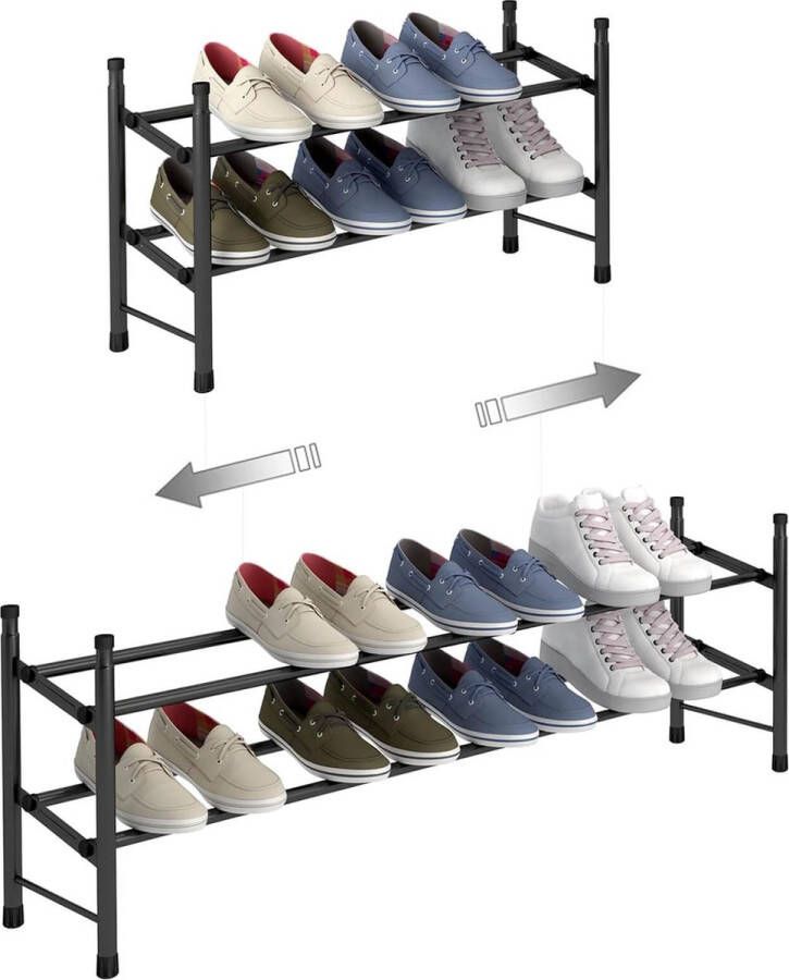 Uittrekbaar schoenenrek met 2 niveaus voor het opbergen van maximaal 12 paar schoenen verstelbaar stapelbaar schoenenrek voor de hal 62 ~ 114 x 22 x 35 cm (zwart 2 planken)