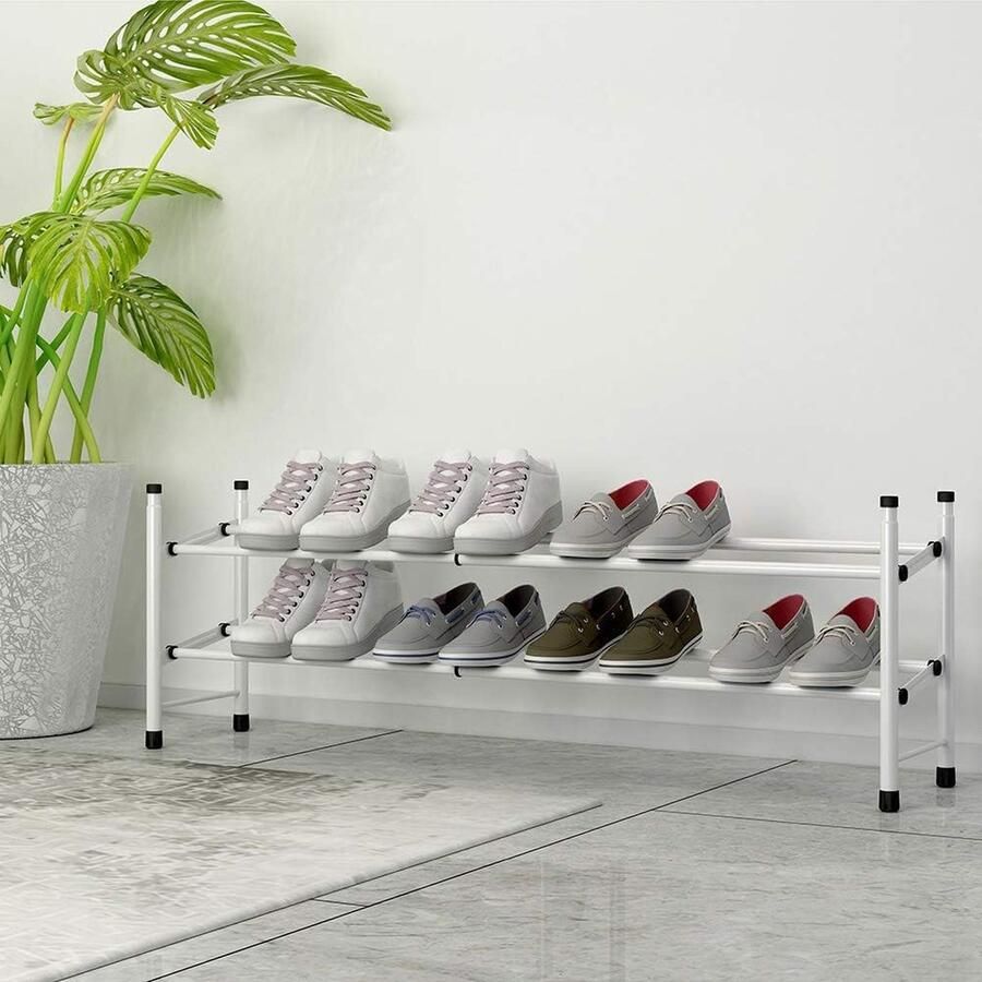 Uittrekbaar schoenenrek met 2 niveaus voor het opbergen van maximaal 12 paar schoenen verstelbaar stapelbaar schoenenrek voor de hal 60 ~ 110 x 22 x 36 5 cm (wit 2 planken)