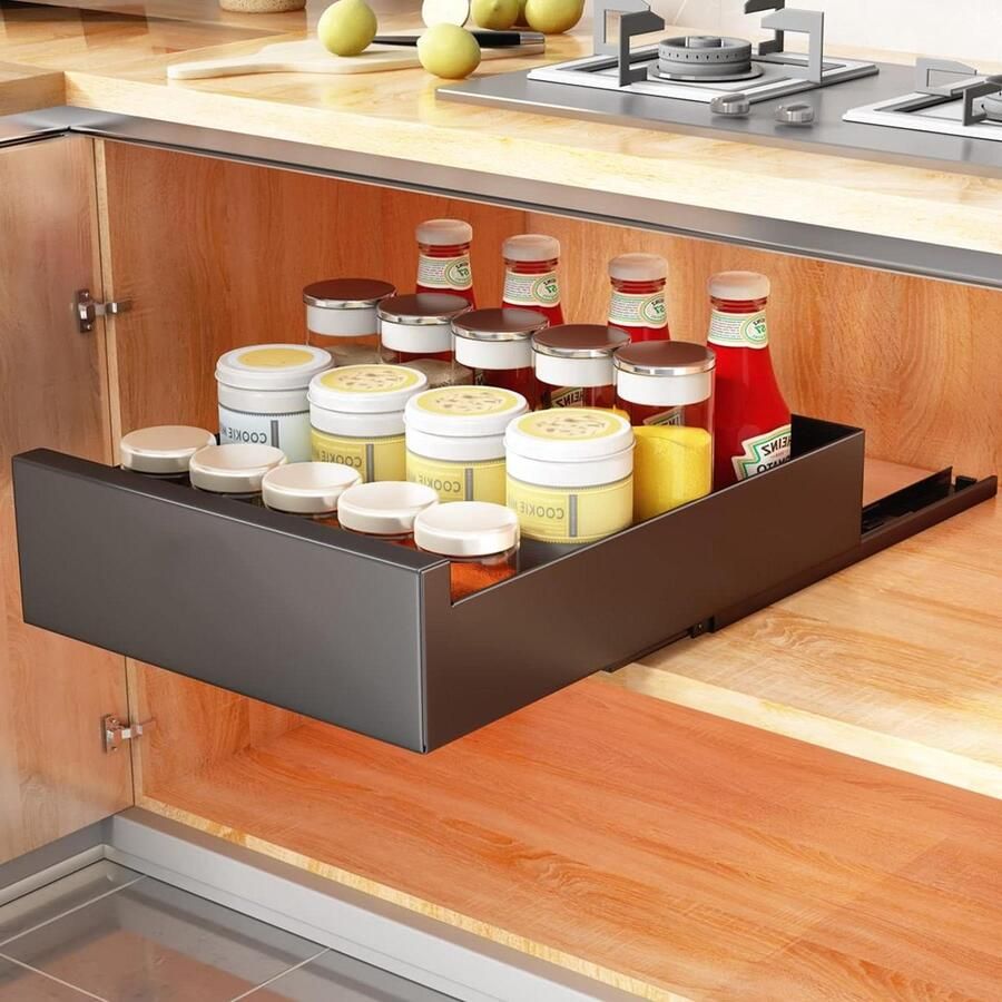 Uittrekbare kast-organizer opbergplanken keukenkast lade organizer uitschuifbare schuiflade 30 cm breed x 43 cm diep x 9 cm hoog zwart