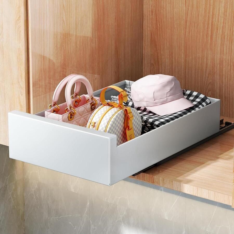 Senza Marchio Uittrekbare kast-organizer voor keukenkast Uitschuifbare lade opbergplanken 25 cm breed 43 cm diep 9 cm hoog Geen boren of vastspijkeren nodig Wit