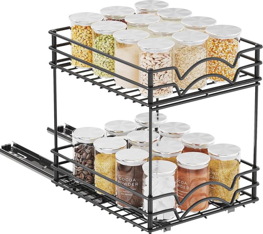 Uittrekbare Keuken Organizer voor Kruiden Robuuste 2-laags Kast Organizer met Schuiflade Mat Zwart