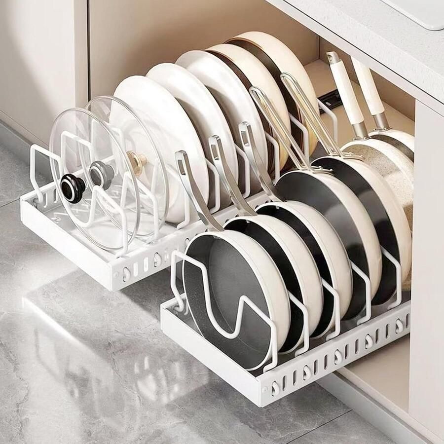 Uittrekbare potten en pannen-organizer voor onder de kast Set van 2 met 8 verstelbare scheidingswanden (wit)