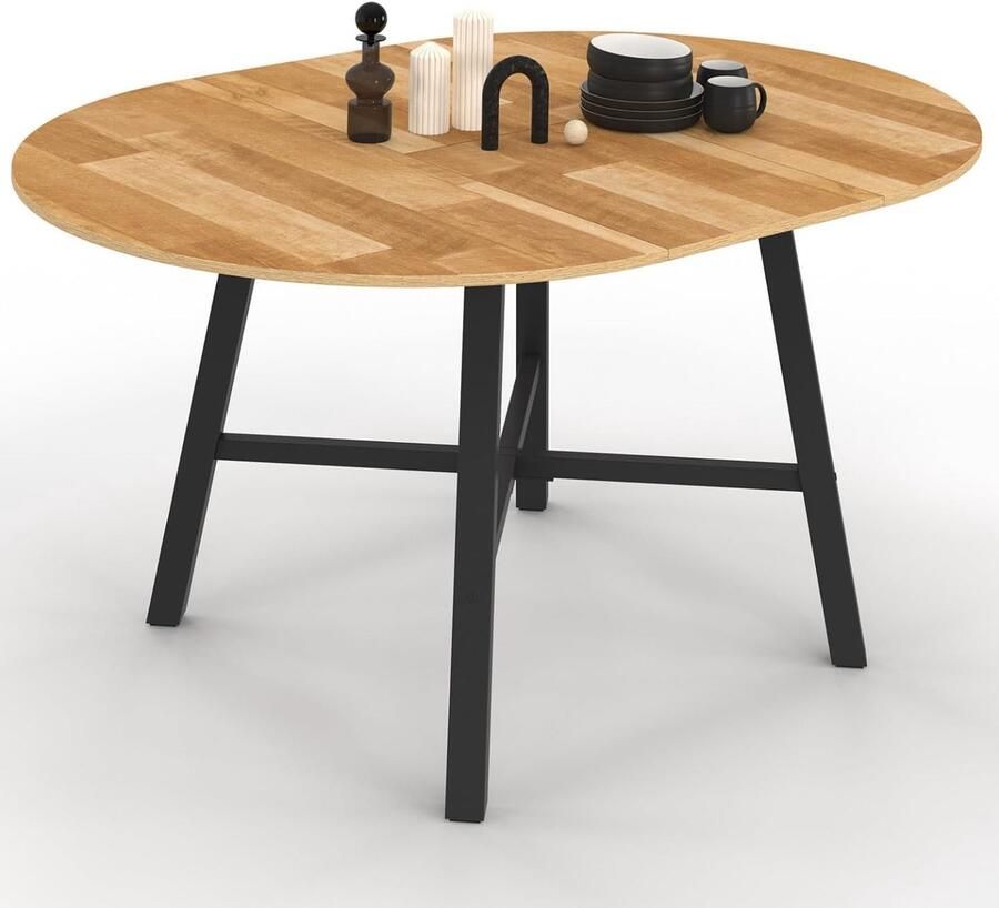 Uittrekbare Ronde Eettafel – 110-150 cm Geschikt voor 4-6 Personen Hout en Zwart Metaal Stijlvol en Functioneel voor Woonkamer of Eetruimte