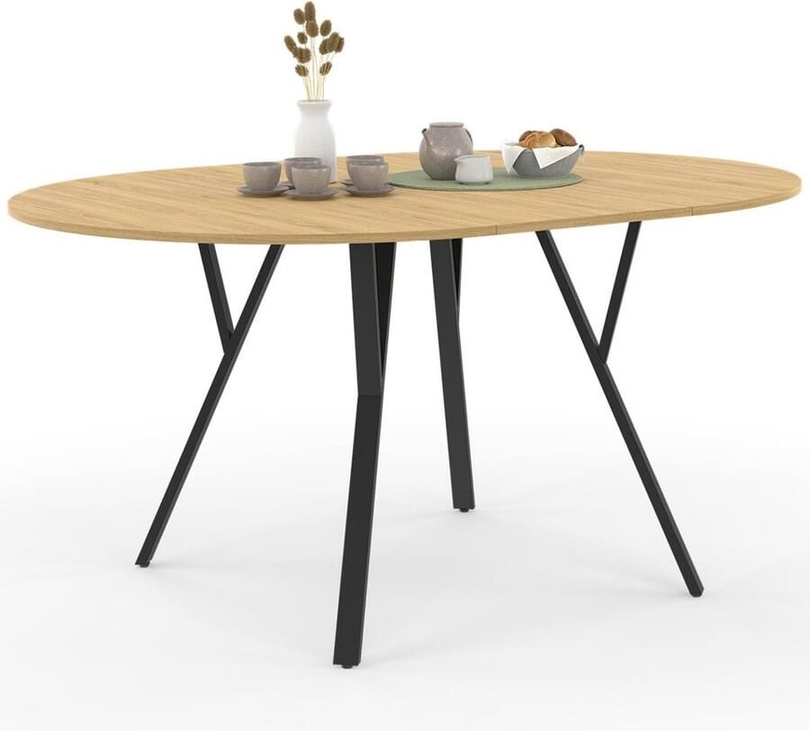 Uittrekbare Ronde Eettafel – 110-150 cm Voor 4 tot 8 Personen Hout en Zwart Industrieel Design Stijlvol en Functioneel Meubel voor Eetkamer