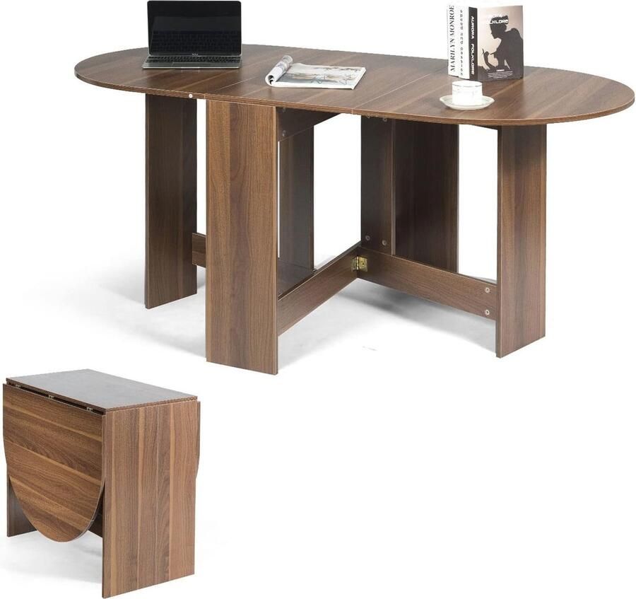 Uittrekbare Ronde Eettafel voor 4-7 Personen Multifunctionele Klaptafel met Opvouwbare Vleugels (163x80x75 cm)