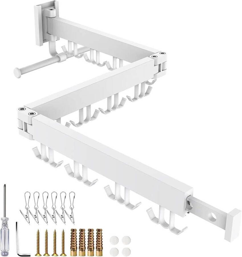 Uittrekbare wandgemonteerde droogrek 2023 Opvouwbaar uittrekbaar draaibaar kledingrek met sokklemmen en hangerstang Drievoudig opvouwbaar droogrek met handdoekrail