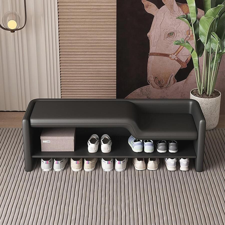 Schoenenrek Bank met Houten Opslag en Gestoffeerde Zitting 2 Tier Organizer voor Slaapkamer Hal of Woonkamer Zwart (80x38x44cm)