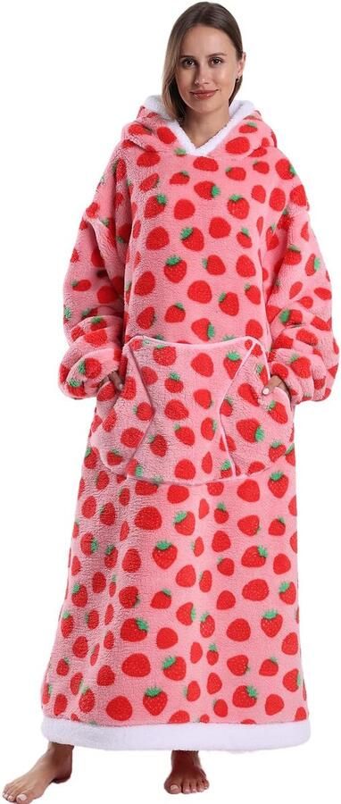 Ultra zachte hoodiedeken met mouwen warme flanellen deken om aan te trekken voor thuis bank en bed knuffeldeken met capuchon aardbeienrood