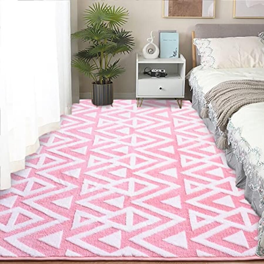 Ultra Zachte Shaggy Tapijten Geometrische Textuur en Memory Foam Roze 3x5 Voet voor Woonkamer en Slaapkamer Decor