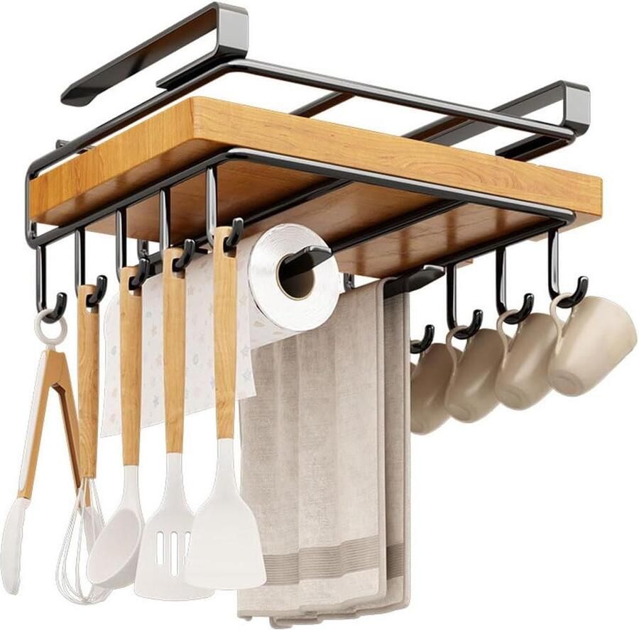 Under Shelf Storage Basket Kitchen Cabinet Hanging Metal Organizer Cutting Boards Stand Roll Holder Hooks Space Saving Rack Black