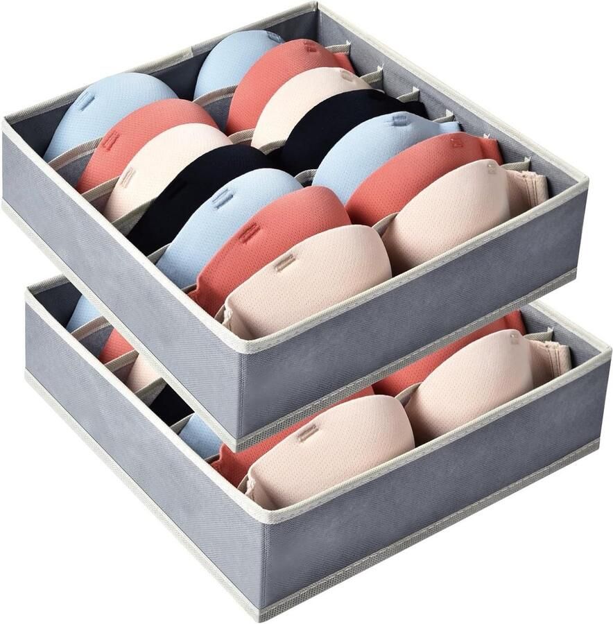 Underwear Drawer Set of 2 Bras Storage Boxes with 7 Compartments Foldable Cabinet Box for Bra Ties and Scarves 30 x 30 x 10 cm