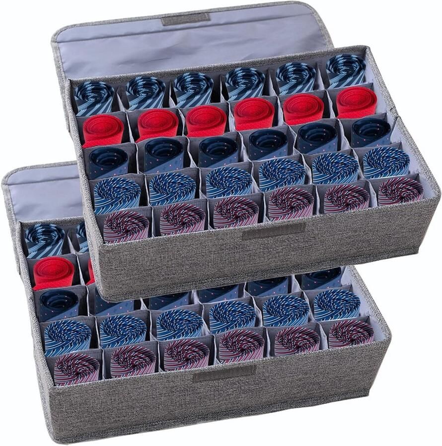 Underwear Socks Storage Organizer with Lids Foldable Cabinet Drawer Divider 30 Cells Linen Cotton Storage Box for Ties Scarves and Lingerie in Wardrobe (2 Grey) Set of 2