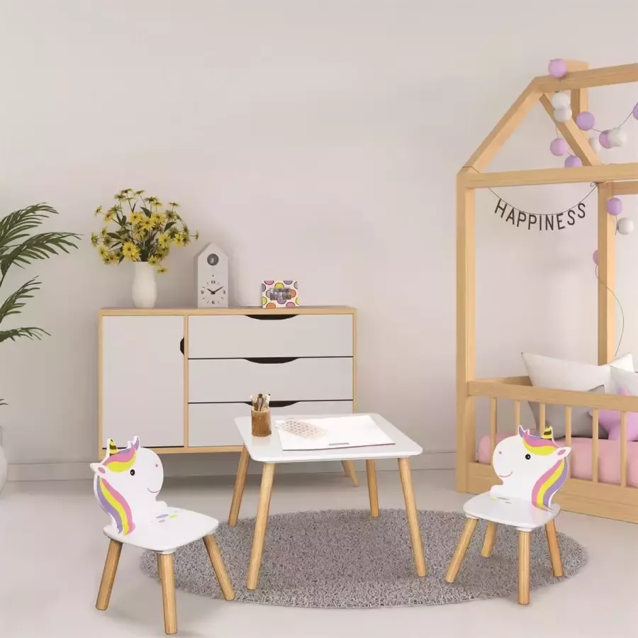 Unicorn Kindertafel met 2 stoeltjes van hout voor kinderen Speeltafel Kleurtafel Zitgroep set