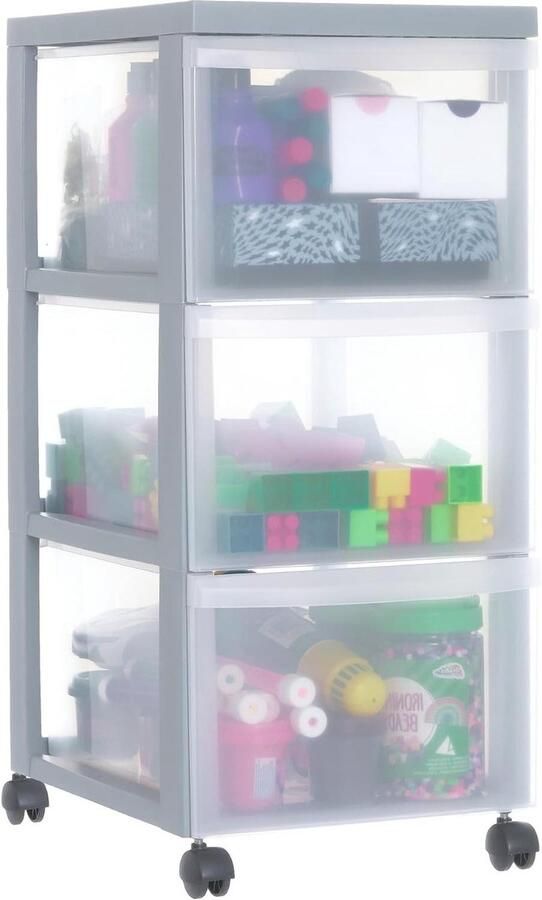 Unidad de almacenamiento de plástico con ruedas y 3 cajones profundos Gris asas de fácil extracción multiusos A4 A5 para oficina hogar escuela Organizador DC-303 con Torre