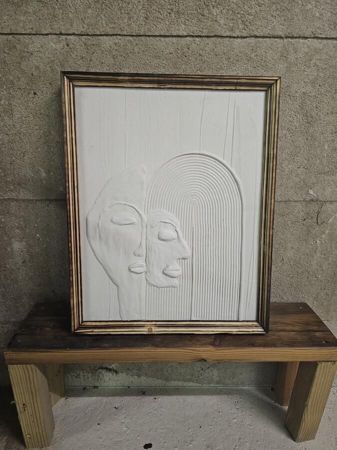 Uniek handgemaakt wanddecoratie decoratie muur tafel abstract 3d gips rainbow regenboog 2 gezichten abstract 40x50cm schilderij canvas - Foto 2