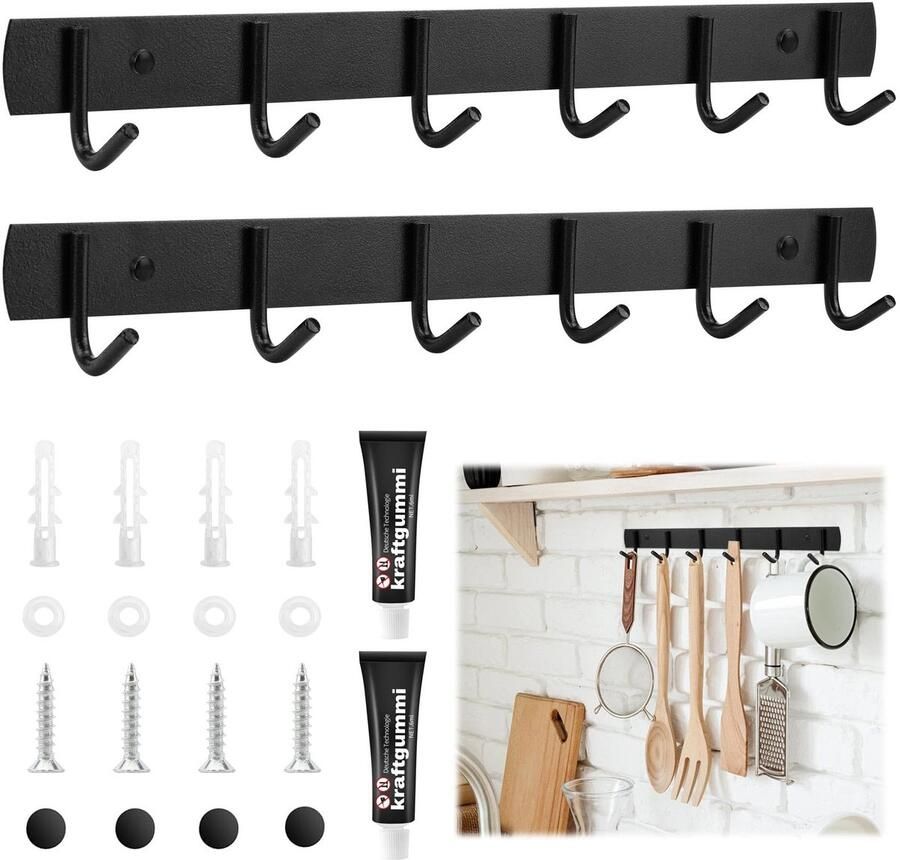 UNINGYI 2-pack keukenhaakrek kapstok met 6 haken roestvrijstalen kapstok keukenhaakrek 32 cm kapstok wandkapstok voor keuken badkamer woonkamer en gang (zwart)