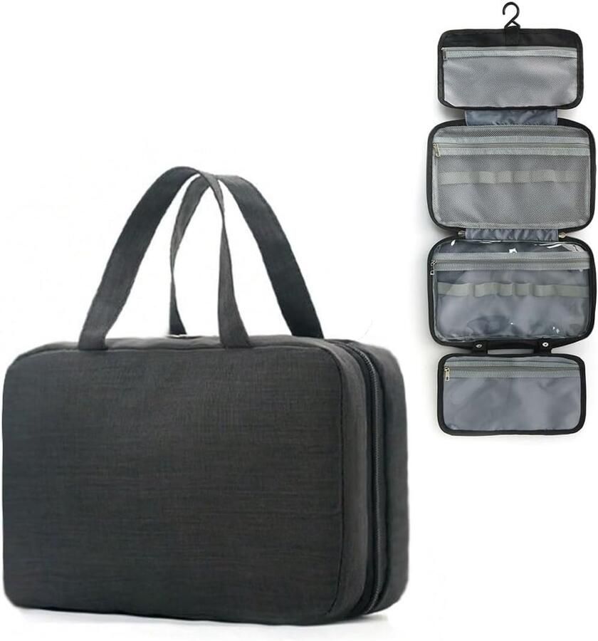 Unisex reistoilettas Opvouwbare organizer met handvat en ophangsysteem Grote toilettascapaciteit Zwart 27x20x8cm