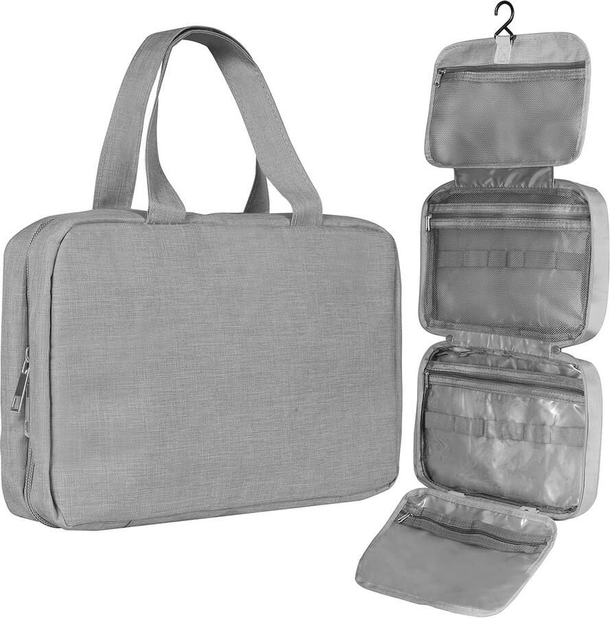 Unisex reistoilettas Opvouwbare organizer met handvat en ophangsysteem Grote toilettascapaciteit Grijs 27x20x8cm