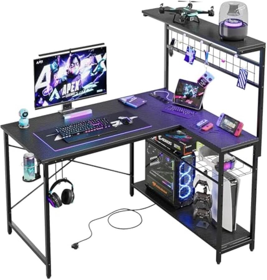 Universele 106.5 cm L-vormig bureau met stopcontacten met wieltjes met opbergruimte voor thuiskantoor