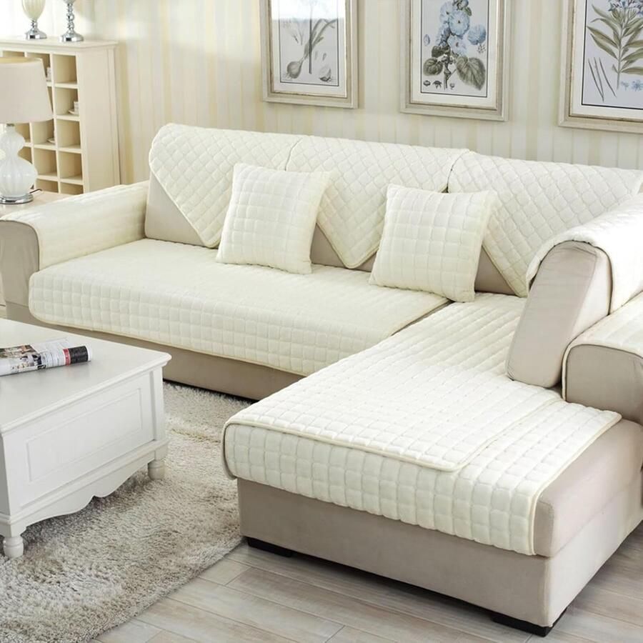 Universele Antislip Bankhoes voor 1- 2- 3- en 4-zits Banken Geschikt voor Hoekbanken en L-vormige Banken in F-beige-wit