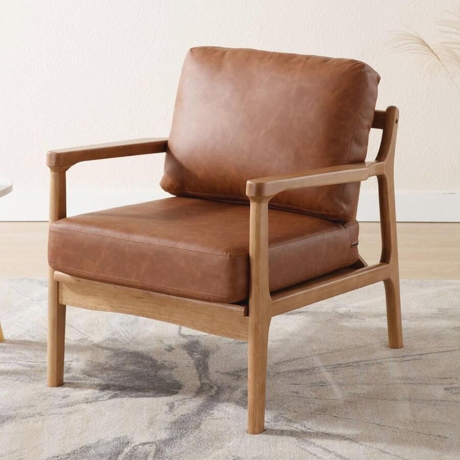Moderne Mid-century Fauteuil PU Lederen Accentstoel met Houten Frame Bruin