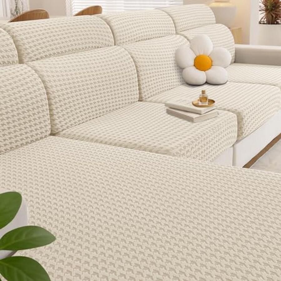 Universele Elastische Bank Zitkussenhoezen Anti-Slip Jacquard Kussenhoezen voor 1 Plaats Beige