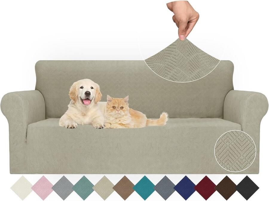 Universele Elastische Bankhoes 3 Zits Antislip en Krasbestendig Sofa Cover in Khaki